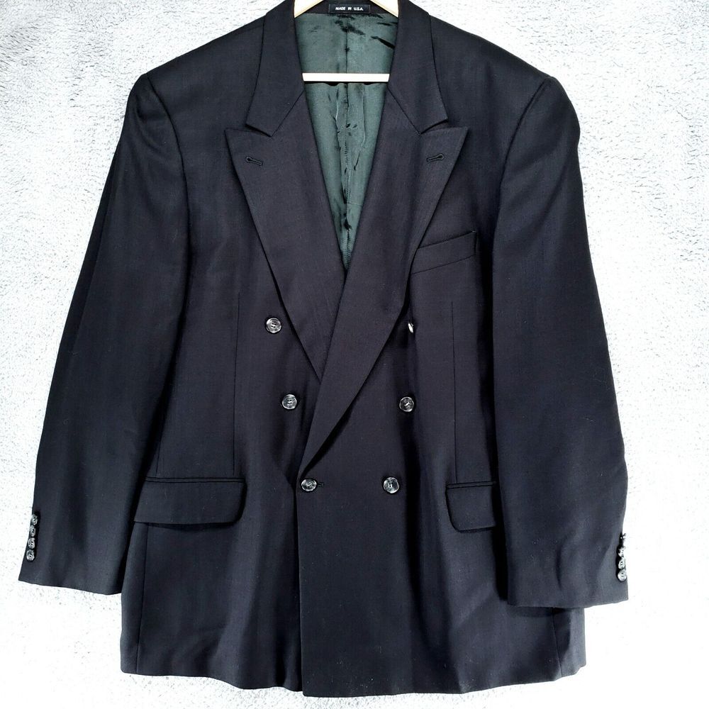 Vintage Joseph Abboud Double Breasted Blazer Jacket Mens 46L Wool Blue